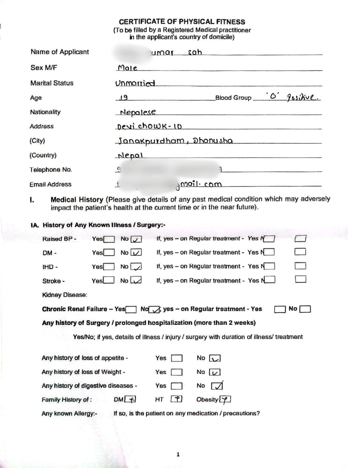 Physical Fitness Certificate 1st Page